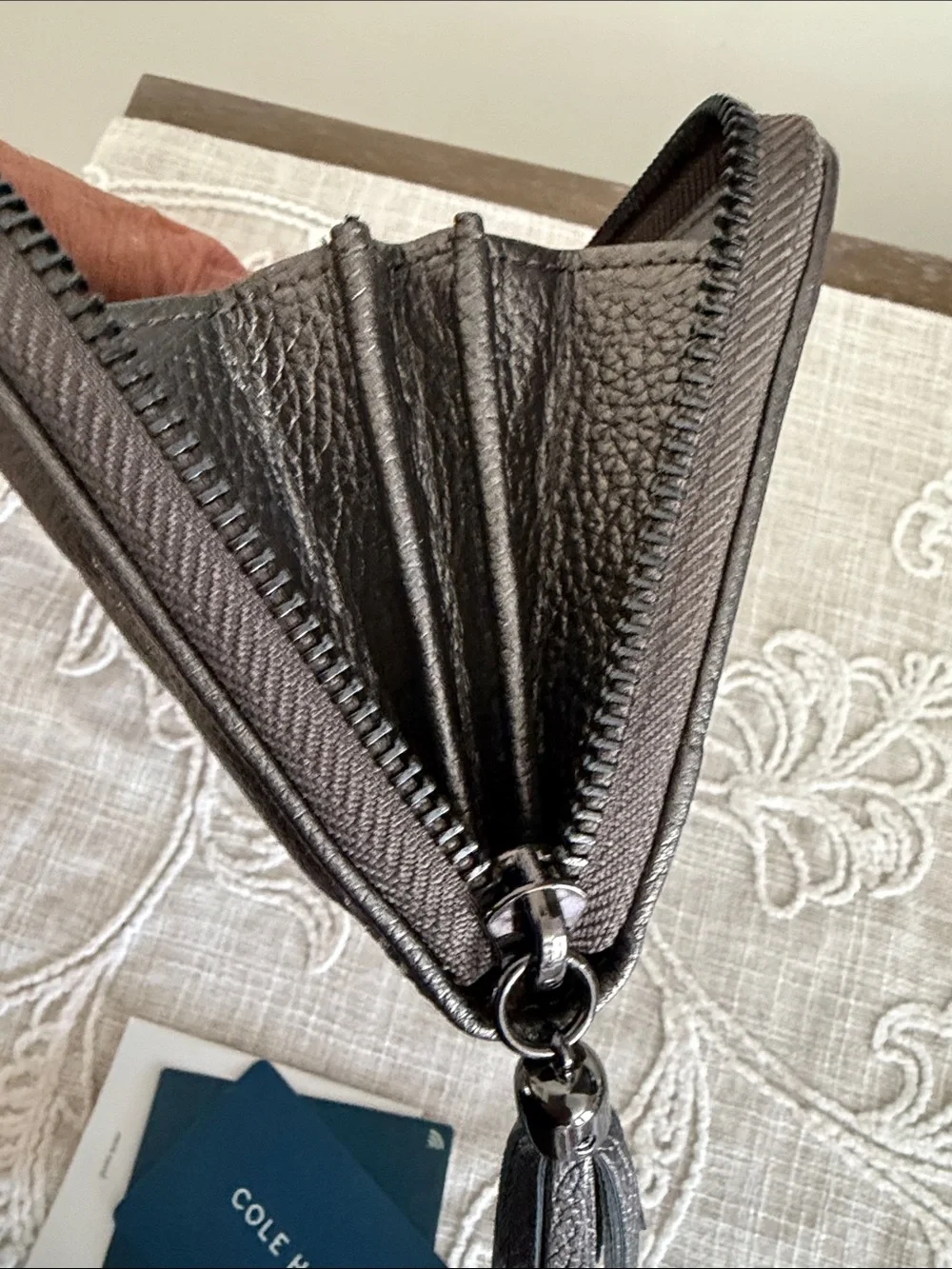 Cole Haan Quilted Metallic Grey Pewter Zip Around Wallet with Tassel Pull
